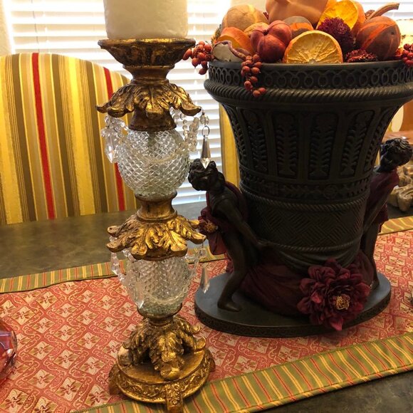 NWT ALEXANDRA'S ACCENTS Pair Antique Gold Cut Crystal Pillar Candle Holders 15" - Picture 9 of 10